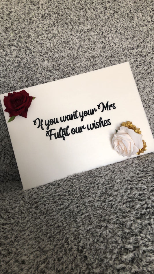 ‘If you want your mrs, fulfil our wishes’ wedding entrance sign