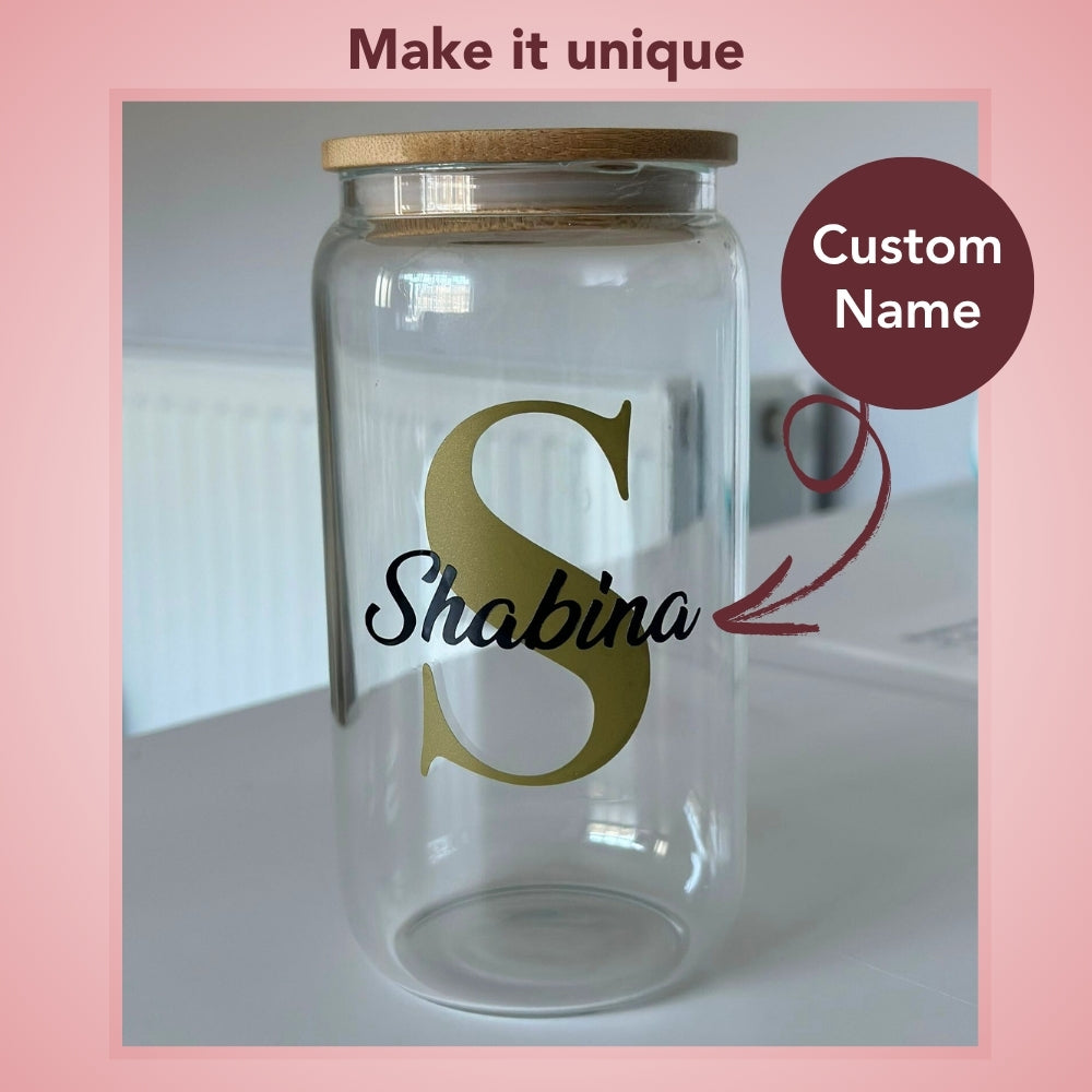 Personalised Glass Tumbler - Custom Name Cup with Bamboo Lid & Straw