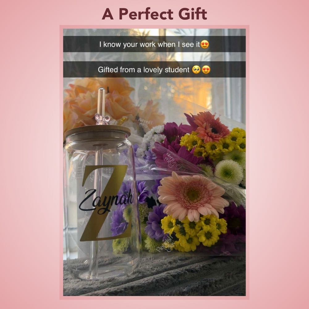 Personalised Glass Tumbler - Custom Name Cup with Bamboo Lid & Straw