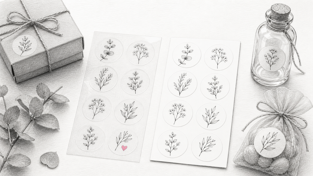 Clear and white personalised sticker sheets shown with packaging, a bottle and a party favour