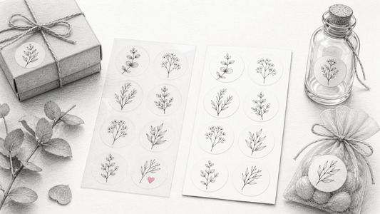 Clear and white personalised sticker sheets shown with packaging, a bottle and a party favour