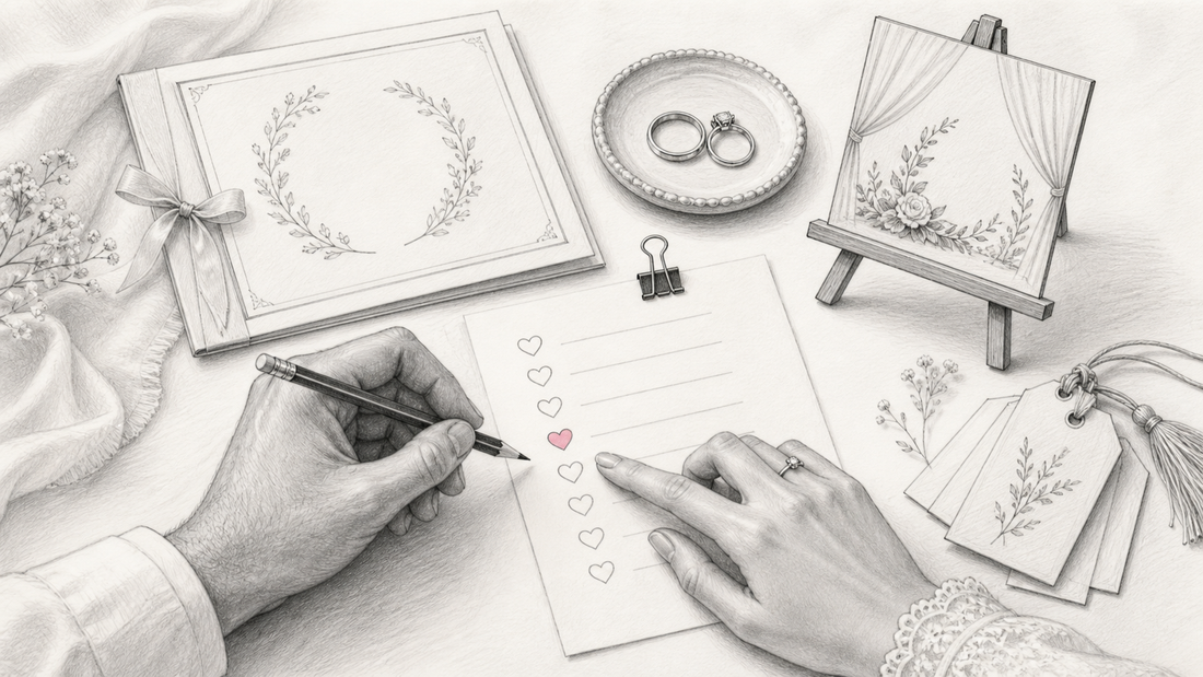 Pencil-style illustration of a couple coordinating a Nikkah ceremony checklist with a certificate, ring plate, welcome sign and favour tags.