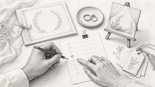 Pencil-style illustration of a couple coordinating a Nikkah ceremony checklist with a certificate, ring plate, welcome sign and favour tags.