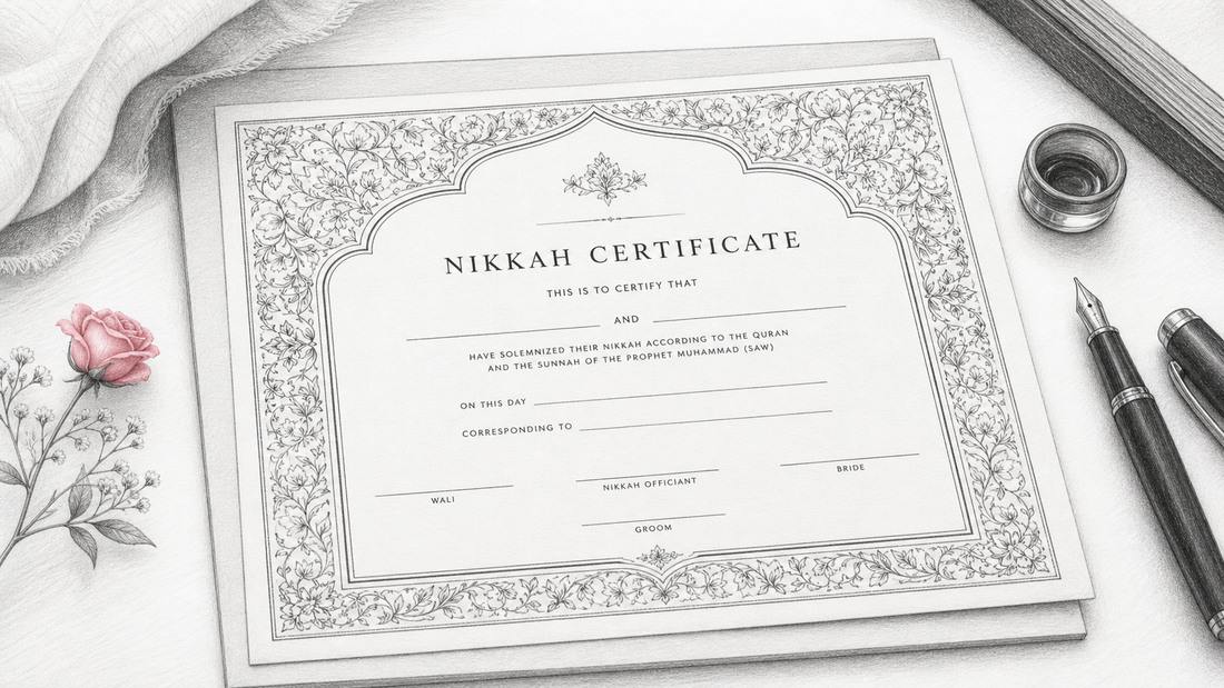 Pencil-style illustration of a personalised Nikkah certificate being prepared with a pen and soft floral detail.