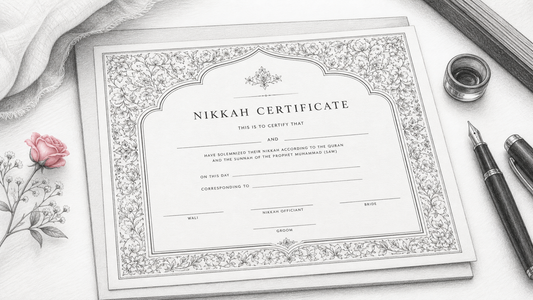 Pencil-style illustration of a personalised Nikkah certificate being prepared with a pen and soft floral detail.