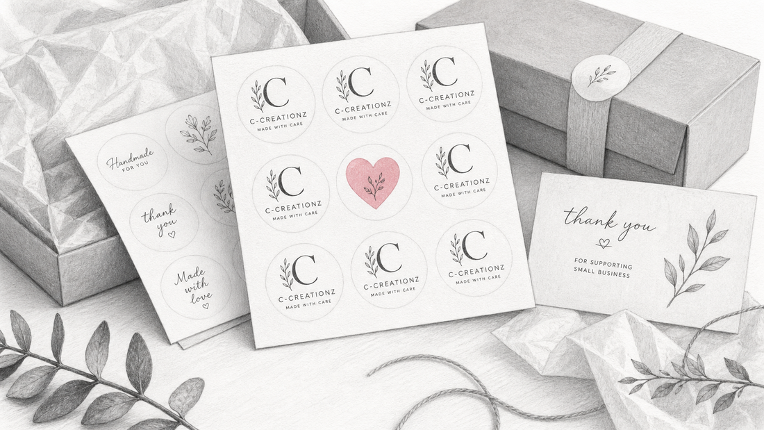 Pencil-style illustration of logo sticker sheets beside small business packaging and thank-you cards