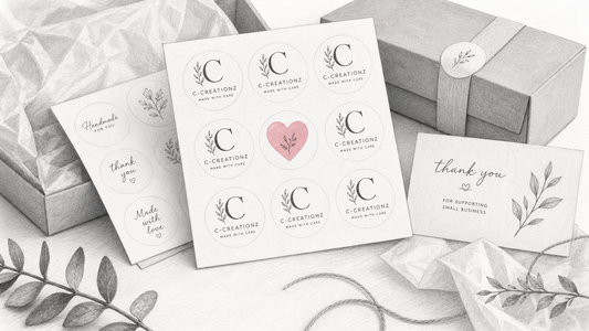 Pencil-style illustration of logo sticker sheets beside small business packaging and thank-you cards