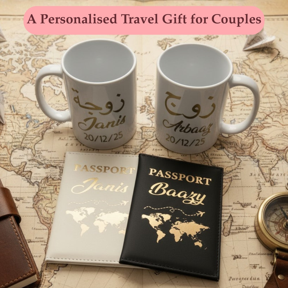 Two personalized mugs and two passports on a world map with text 'A Personalised Travel Gift for Couples'.
