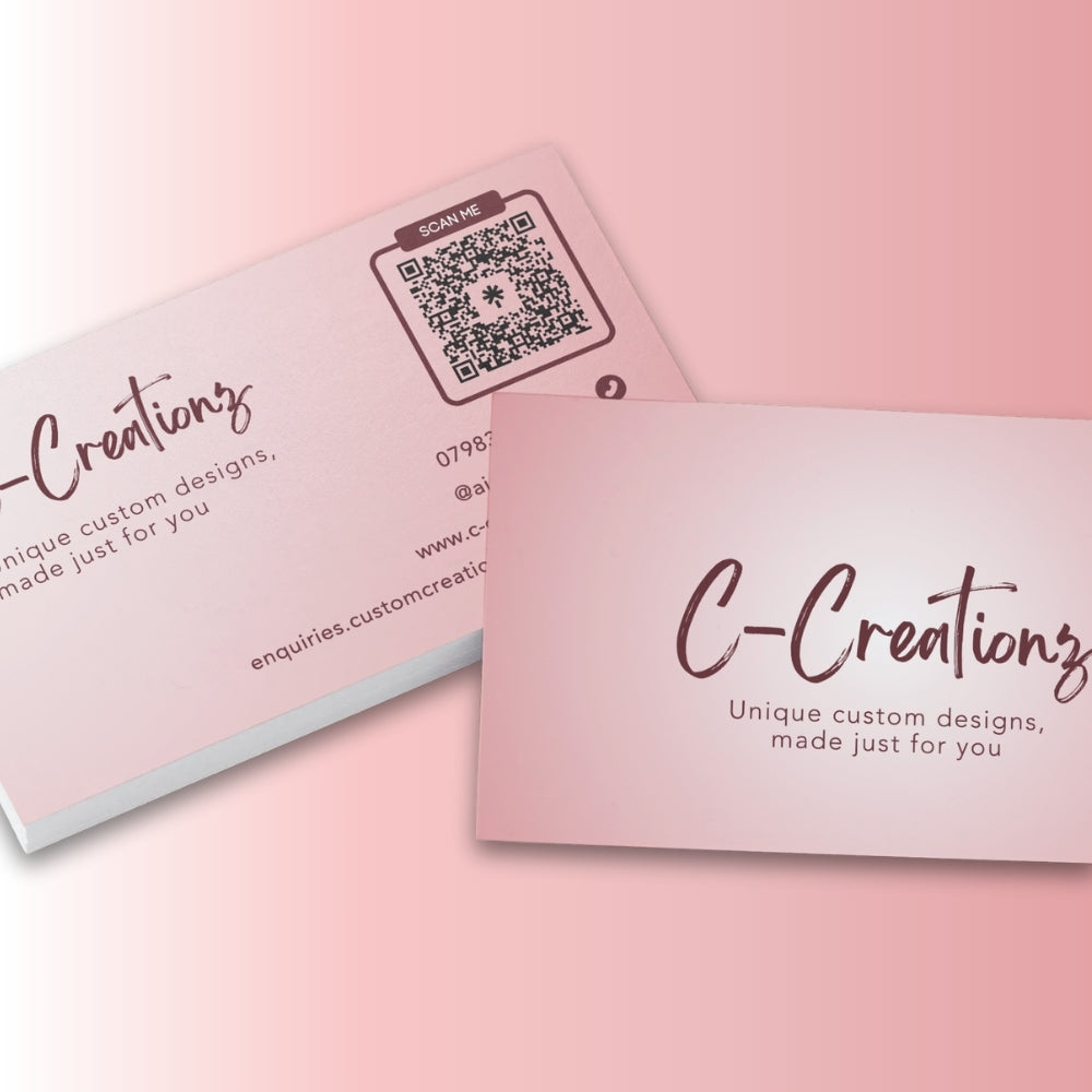 Two business cards with 'C-Creationz' branding on a pink background