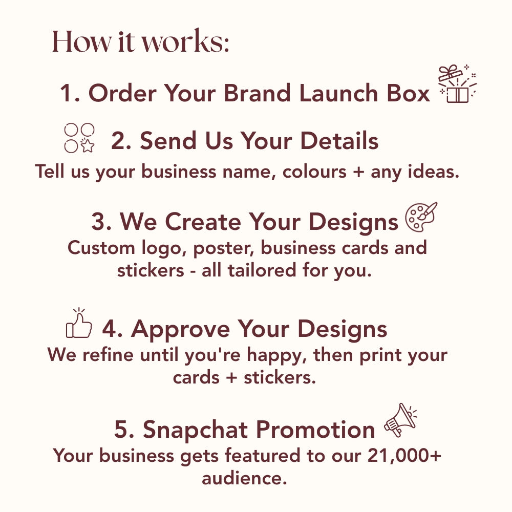 Step-by-step process for ordering a brand launch box with custom designs and promotion on Snapchat.