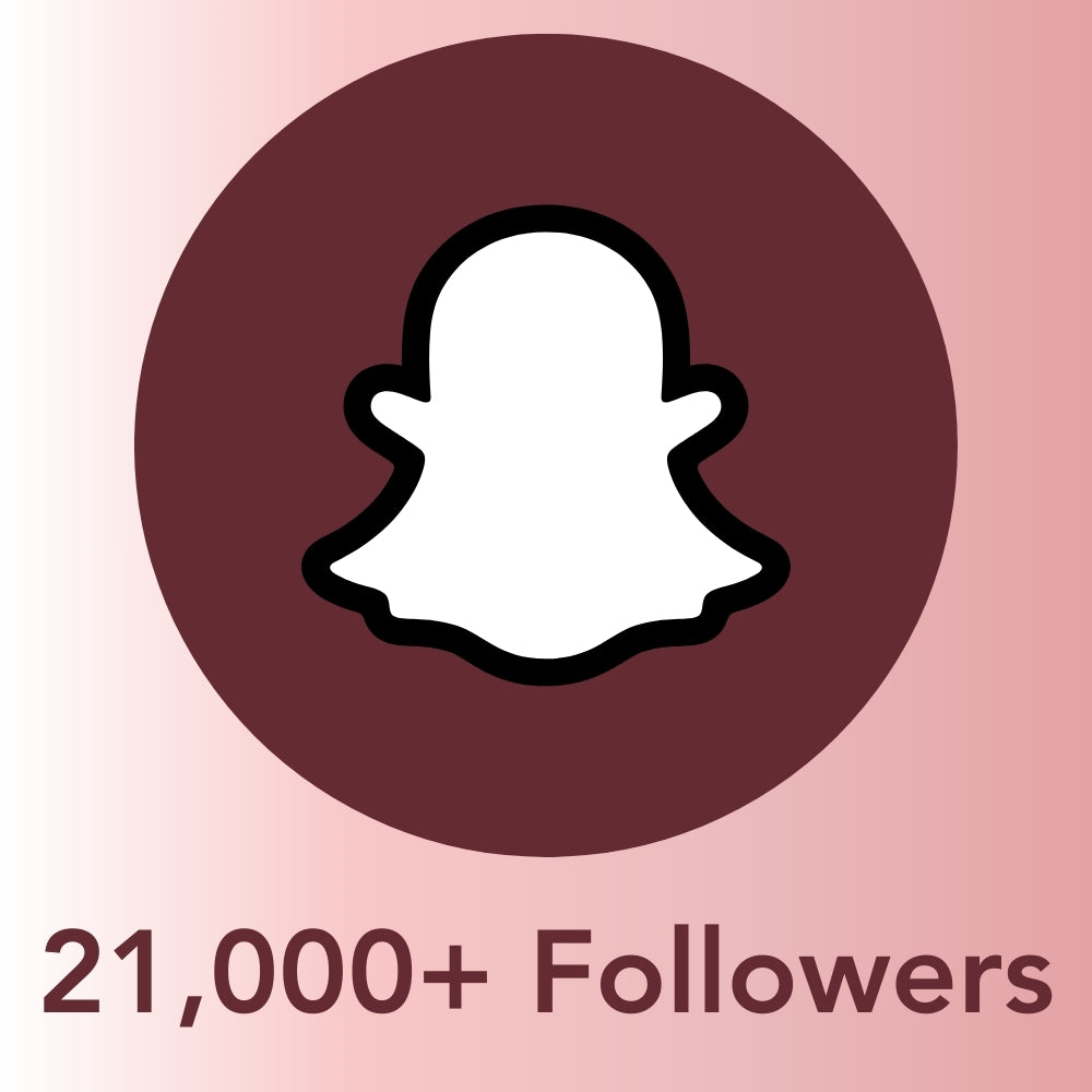 Snapchat ghost icon with '21,000+ Followers' text on a pink background
