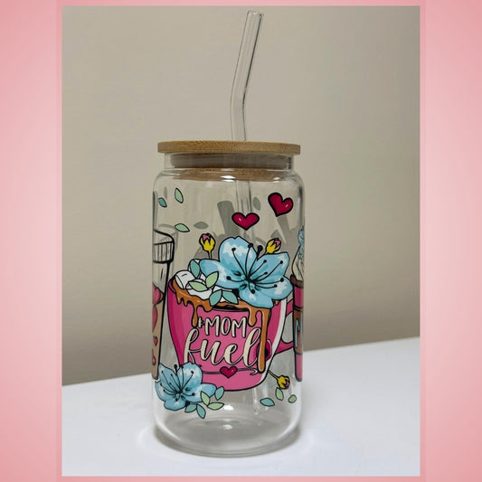 Floral Glass Tumbler - Mum Gift with Bamboo Lid & Straw