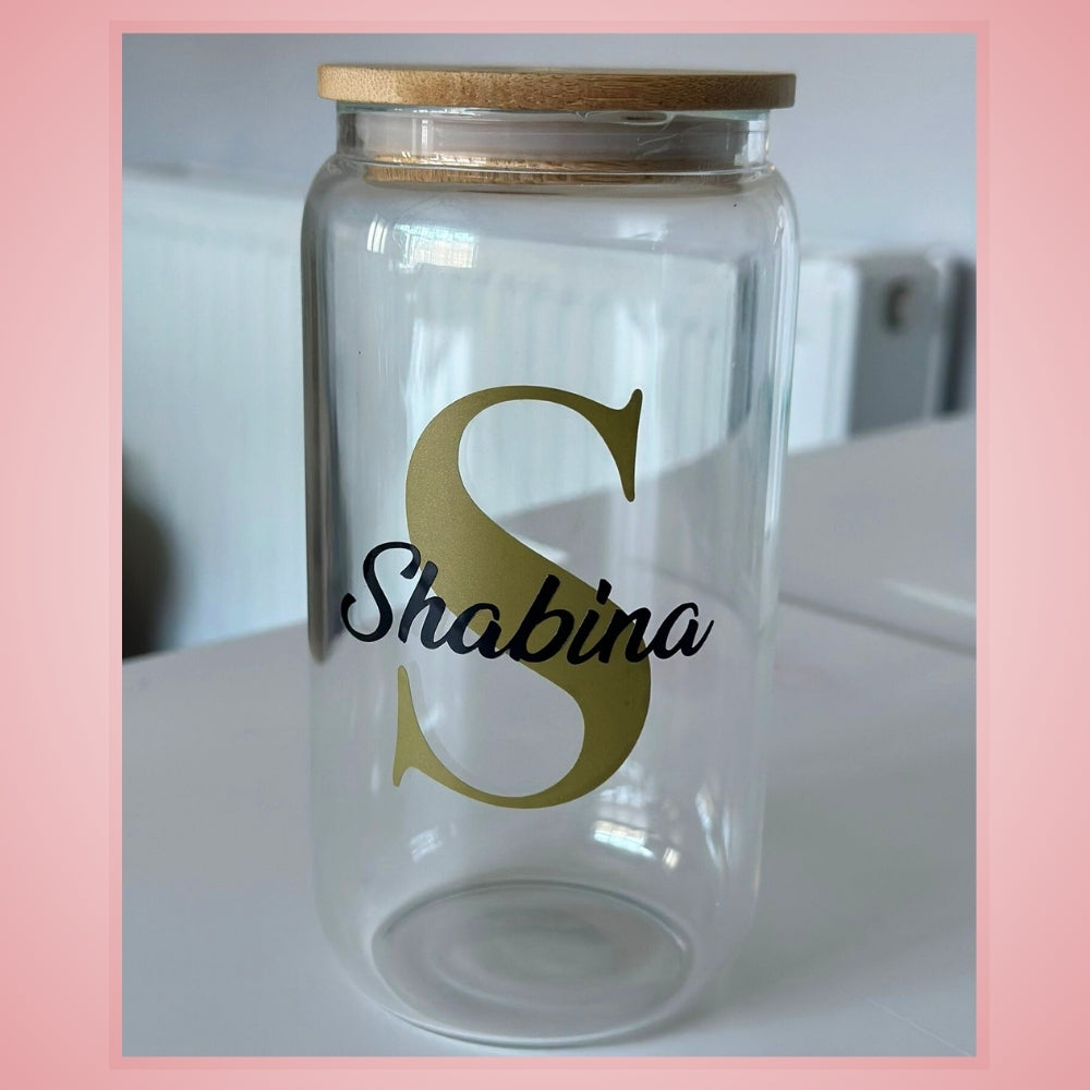Personalised Glass Tumbler - Custom Name Cup with Bamboo Lid & Straw