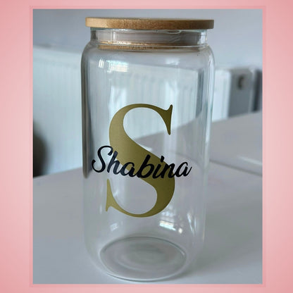 Personalised Glass Tumbler - Custom Name Cup with Bamboo Lid & Straw