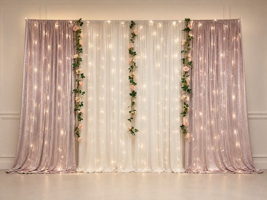 A decorative event backdrop featuring two champagne pink sequin curtains flanking a white draped center panel, decorated with vertical green ivy garlands with pink flowers and warm white string lights.